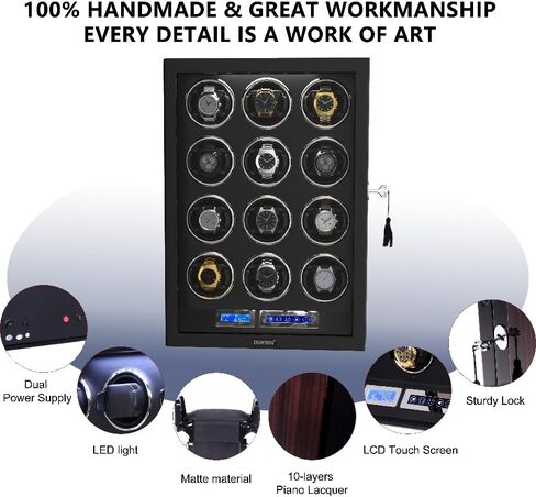 DUKWIN Watch Winder for 12 Automatic Watches with Key Lock, LCD Screen, Remote Control, LED Light, Adjustable Watch Pillow and Supper Quiet Motor for Universal Watches in Saudi Arabia