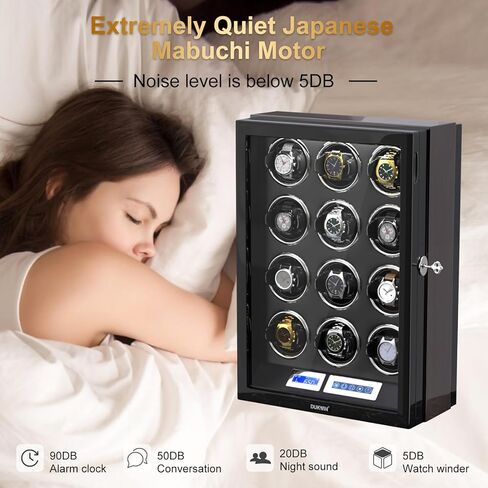 DUKWIN Watch Winder for 12 Automatic Watches with Key Lock, LCD Screen, Remote Control, LED Light, Adjustable Watch Pillow and Supper Quiet Motor for Universal Watches in Saudi Arabia