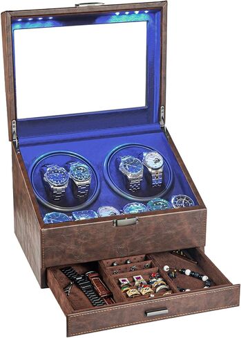 J&T Technology Watch Winder for 4 Automatic Watches, Watch Winder Box with Watch Holders and Jewelry Storage, Quiet Japan-Made Motor,LED Light,Gift for Men & Women in Saudi Arabia