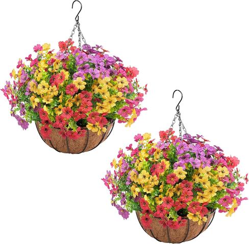 2 Set Artificial Flowers Faux Hanging Plants Basket for Spring Summer Outdoor Outside Decoration, Fake Silk UV Sun Resistant Daisy Eucalyptus for Porch Home Patio Balcony Yard Decor in Saudi Arabia