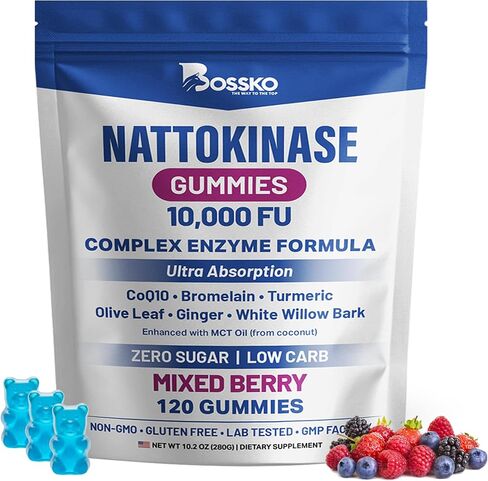 Nattokinase Gummies 10,000 FU 7-in-1 Ultra Absorption Cardiovascular Supplement with CoQ10 Bromelain Turmeric Ginger Olive Leaf & White Willow Bark for Men & Women Zero Sugar Low Carb MCT Oil Formula in Saudi Arabia