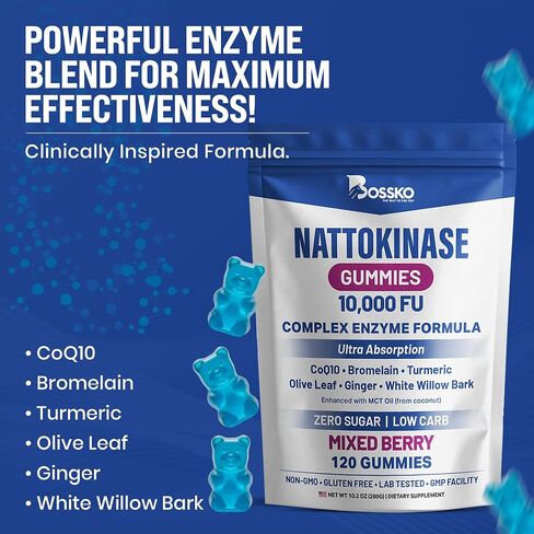 Nattokinase Gummies 10,000 FU 7-in-1 Ultra Absorption Cardiovascular Supplement with CoQ10 Bromelain Turmeric Ginger Olive Leaf & White Willow Bark for Men & Women Zero Sugar Low Carb MCT Oil Formula in Saudi Arabia