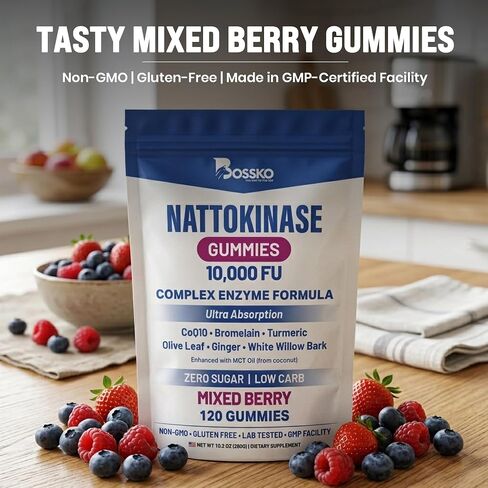 Nattokinase Gummies 10,000 FU 7-in-1 Ultra Absorption Cardiovascular Supplement with CoQ10 Bromelain Turmeric Ginger Olive Leaf & White Willow Bark for Men & Women Zero Sugar Low Carb MCT Oil Formula in Saudi Arabia
