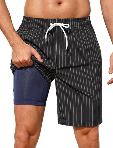 SILKWORLD Mens Swim Trunks with Compression Liner 2 in 1 Quick Dry Bathing Suit No-Chafing Beach Shorts with Zipper Pockets in Kuwait