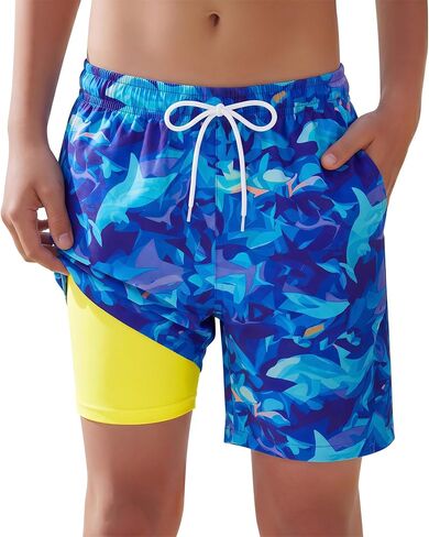 Boys Swim Trunks with Compression Liner Stretch Quick Dry Swim Shorts Drawstring Beach Swimsuit with Pockets 6-16Y in Kuwait