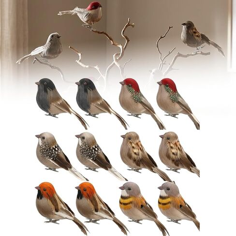 12 Pack Clip-on Artificial Feather Birds - Realistic Fake Sparrow Ornaments for Christmas Tree Wreath Yard Patio Garden Home Decor in Saudi Arabia