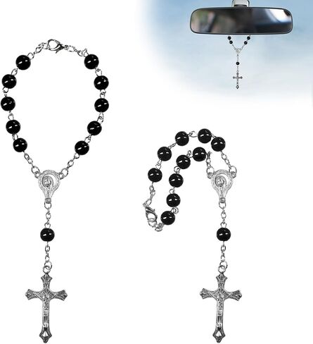 2PCS Car Rosary for Rearview Mirror, Personalized Auto Mirror Decor Rosary & Cross Pendant, Religious Cross Medal Blessing Beads, Interior Rear View Mirrors Charm Auto Decor (Black) in Kuwait