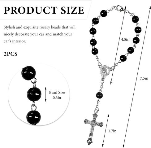 2PCS Car Rosary for Rearview Mirror, Personalized Auto Mirror Decor Rosary & Cross Pendant, Religious Cross Medal Blessing Beads, Interior Rear View Mirrors Charm Auto Decor (Black) in Kuwait