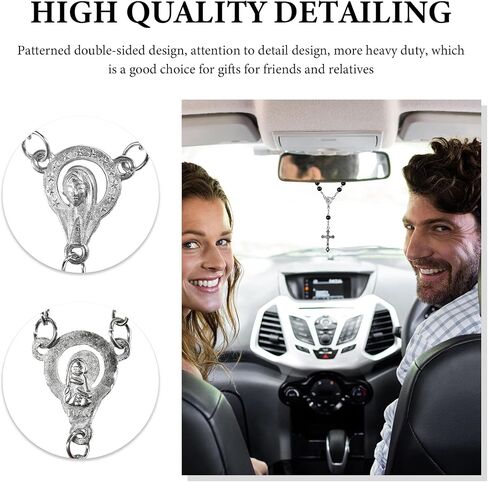 2PCS Car Rosary for Rearview Mirror, Personalized Auto Mirror Decor Rosary & Cross Pendant, Religious Cross Medal Blessing Beads, Interior Rear View Mirrors Charm Auto Decor (Black) in Kuwait