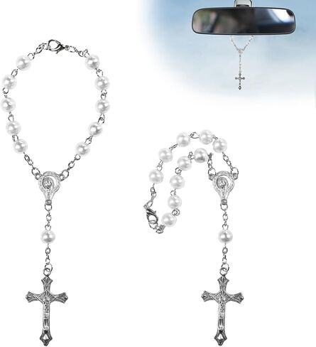 2PCS Car Rosary for Rearview Mirror, Personalized Auto Mirror Decor Rosary & Cross Pendant, Religious Cross Medal Blessing Beads, Interior Rear View Mirrors Charm Auto Decor (Black) in Kuwait