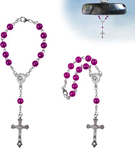2PCS Car Rosary for Rearview Mirror, Personalized Auto Mirror Decor Rosary & Cross Pendant, Religious Cross Medal Blessing Beads, Interior Rear View Mirrors Charm Auto Decor (Black) in Kuwait