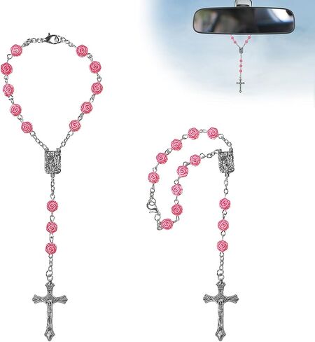 2PCS Car Rosary for Rearview Mirror, Personalized Auto Mirror Decor Rosary & Cross Pendant, Religious Cross Medal Blessing Beads, Interior Rear View Mirrors Charm Auto Decor (Black) in Kuwait