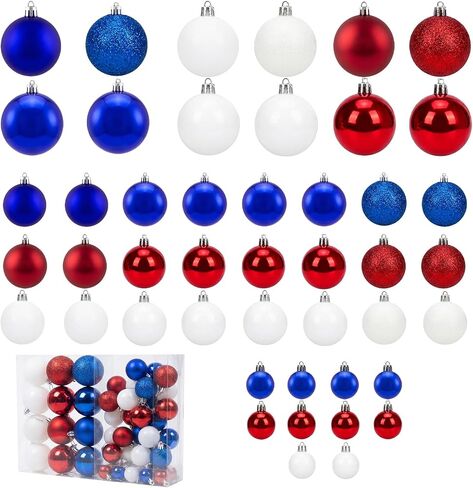 46PCS Ball Ornaments Set for the 4th of July, Flocked Shatterproof Tree Decor, Hanging Ornaments with String for Holiday Home Decor, Christmas Tree Decoration (Red, Blue, White) in Saudi Arabia