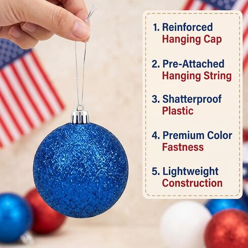 46PCS Ball Ornaments Set for the 4th of July, Flocked Shatterproof Tree Decor, Hanging Ornaments with String for Holiday Home Decor, Christmas Tree Decoration (Red, Blue, White) in Saudi Arabia