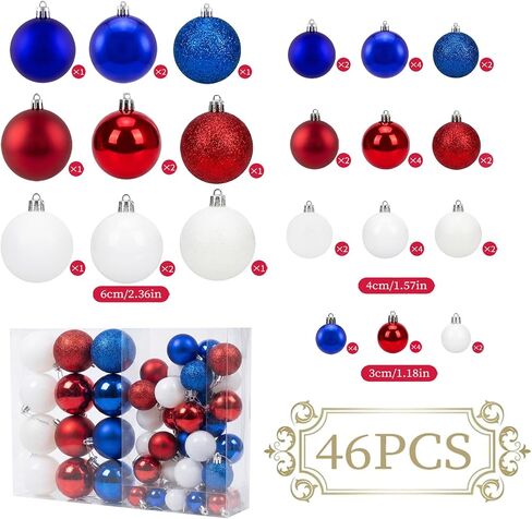 46PCS Ball Ornaments Set for the 4th of July, Flocked Shatterproof Tree Decor, Hanging Ornaments with String for Holiday Home Decor, Christmas Tree Decoration (Red, Blue, White) in Saudi Arabia