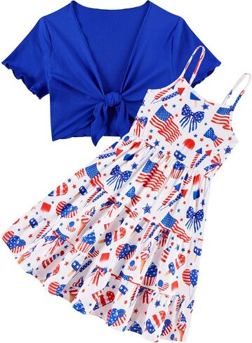 RAISEVERN Girl Summer Dresses with Short Knot-Front Cardigan A Line Sundress 2 Piece Outfits Size 7-14 in Kuwait