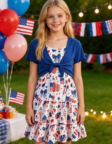 RAISEVERN Girl Summer Dresses with Short Knot-Front Cardigan A Line Sundress 2 Piece Outfits Size 7-14 in Kuwait