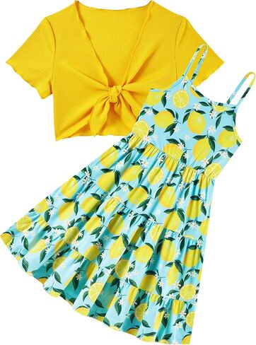 RAISEVERN Girl Summer Dresses with Short Knot-Front Cardigan A Line Sundress 2 Piece Outfits Size 7-14 in Kuwait