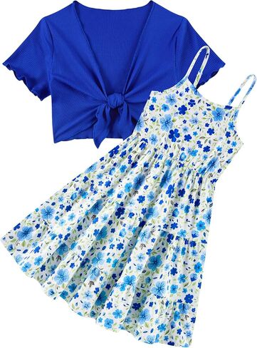 RAISEVERN Girl Summer Dresses with Short Knot-Front Cardigan A Line Sundress 2 Piece Outfits Size 7-14 in Kuwait