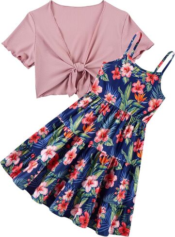 RAISEVERN Girl Summer Dresses with Short Knot-Front Cardigan A Line Sundress 2 Piece Outfits Size 7-14 in Kuwait