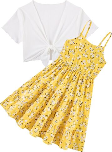 RAISEVERN Girl Summer Dresses with Short Knot-Front Cardigan A Line Sundress 2 Piece Outfits Size 7-14 in Kuwait