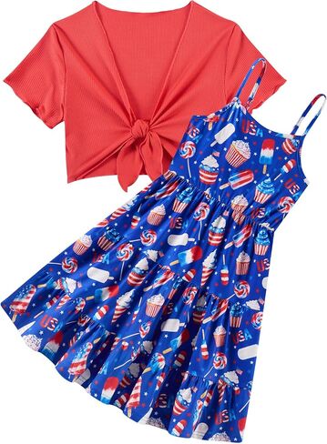 RAISEVERN Girl Summer Dresses with Short Knot-Front Cardigan A Line Sundress 2 Piece Outfits Size 7-14 in Kuwait