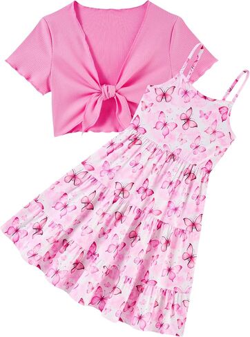 RAISEVERN Girl Summer Dresses with Short Knot-Front Cardigan A Line Sundress 2 Piece Outfits Size 7-14 in Kuwait