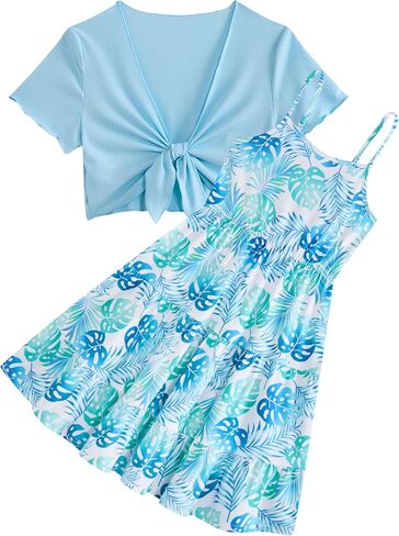 RAISEVERN Girl Summer Dresses with Short Knot-Front Cardigan A Line Sundress 2 Piece Outfits Size 7-14 in Kuwait