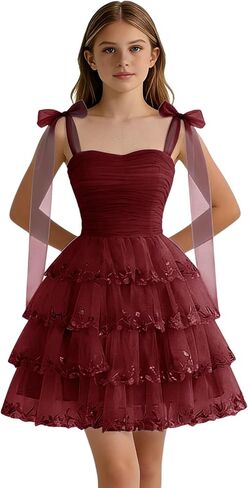 Short Homecoming Dress for Teens Tulle Lace Appliques Flower Girl Dresses Tiered Girls Prom Dress with Bows in Saudi Arabia