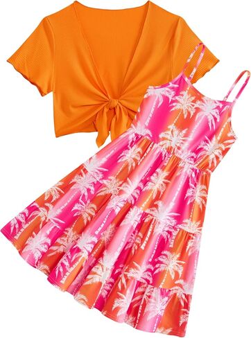 RAISEVERN Girl Summer Dresses with Short Knot-Front Cardigan A Line Sundress 2 Piece Outfits Size 7-14 in Kuwait