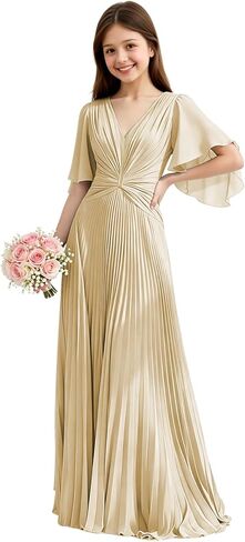 Chiffon Junior Bridesmaid Dresses Pleated V Neck Formal Dress for Girls Flutter Sleeves A Line Wedding Guest Girl Gown in Saudi Arabia