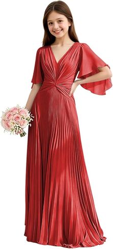 Chiffon Junior Bridesmaid Dresses Pleated V Neck Formal Dress for Girls Flutter Sleeves A Line Wedding Guest Girl Gown in Saudi Arabia