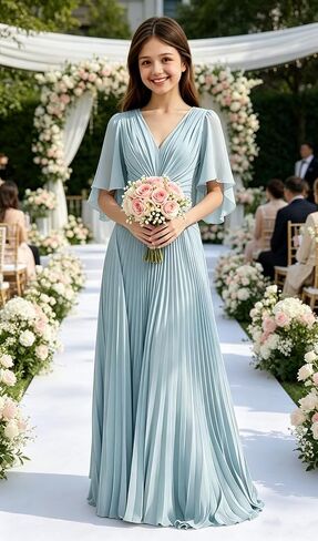 Chiffon Junior Bridesmaid Dresses Pleated V Neck Formal Dress for Girls Flutter Sleeves A Line Wedding Guest Girl Gown in Saudi Arabia