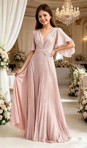 Chiffon Junior Bridesmaid Dresses Pleated V Neck Formal Dress for Girls Flutter Sleeves A Line Wedding Guest Girl Gown in Saudi Arabia