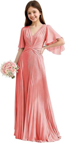 Chiffon Junior Bridesmaid Dresses Pleated V Neck Formal Dress for Girls Flutter Sleeves A Line Wedding Guest Girl Gown in Saudi Arabia