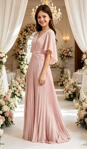 Chiffon Junior Bridesmaid Dresses Pleated V Neck Formal Dress for Girls Flutter Sleeves A Line Wedding Guest Girl Gown in Saudi Arabia