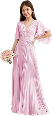 Chiffon Junior Bridesmaid Dresses Pleated V Neck Formal Dress for Girls Flutter Sleeves A Line Wedding Guest Girl Gown in Saudi Arabia
