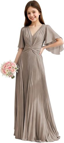 Chiffon Junior Bridesmaid Dresses Pleated V Neck Formal Dress for Girls Flutter Sleeves A Line Wedding Guest Girl Gown in Saudi Arabia