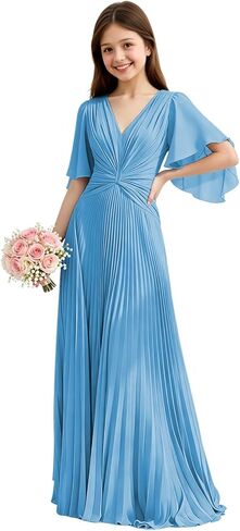 Chiffon Junior Bridesmaid Dresses Pleated V Neck Formal Dress for Girls Flutter Sleeves A Line Wedding Guest Girl Gown in Saudi Arabia
