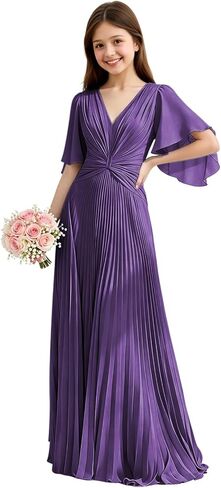 Chiffon Junior Bridesmaid Dresses Pleated V Neck Formal Dress for Girls Flutter Sleeves A Line Wedding Guest Girl Gown in Saudi Arabia