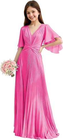 Chiffon Junior Bridesmaid Dresses Pleated V Neck Formal Dress for Girls Flutter Sleeves A Line Wedding Guest Girl Gown in Saudi Arabia