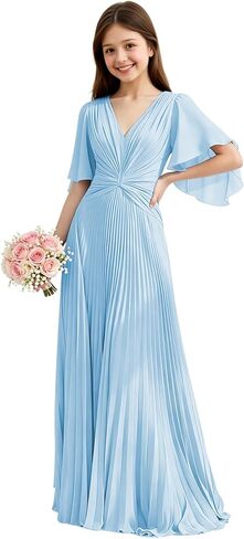 Chiffon Junior Bridesmaid Dresses Pleated V Neck Formal Dress for Girls Flutter Sleeves A Line Wedding Guest Girl Gown in Saudi Arabia