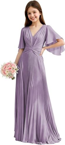 Chiffon Junior Bridesmaid Dresses Pleated V Neck Formal Dress for Girls Flutter Sleeves A Line Wedding Guest Girl Gown in Saudi Arabia
