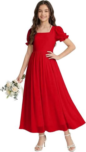 Short Sleeve Junior Bridesmaid Dresses Square Neck Flower Girl Dresses for Wedding Pageant Party Dress with Bow in Kuwait