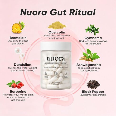 Nuora Gut Health Capsules with Berberine, Gut Biofilm Probiotic Ritual, Promotes Metabolism & Gut Health, Vegan, Non-GMO, for Women, 90 Capsule in Saudi Arabia