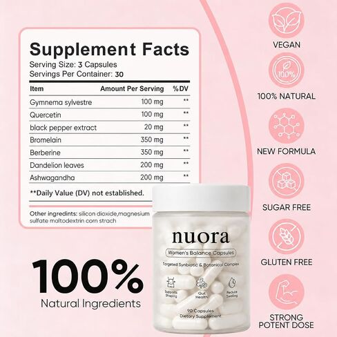 Nuora Gut Health Capsules with Berberine, Gut Biofilm Probiotic Ritual, Promotes Metabolism & Gut Health, Vegan, Non-GMO, for Women, 90 Capsule in Saudi Arabia