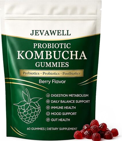 Jevawell Kombucha Gummies | Probiotic Kombucha Gummies Supplement for Women | with Postbiotics, Probiotics, Prebiotics | Support Gut Health | Bloating Comfort | Enhance Immunity | 60 Gummies in Kuwait