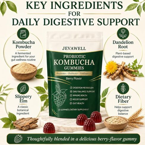 Jevawell Kombucha Gummies | Probiotic Kombucha Gummies Supplement for Women | with Postbiotics, Probiotics, Prebiotics | Support Gut Health | Bloating Comfort | Enhance Immunity | 60 Gummies in Kuwait