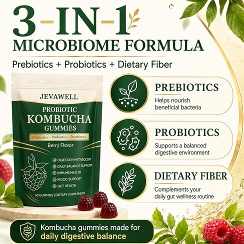 Jevawell Kombucha Gummies | Probiotic Kombucha Gummies Supplement for Women | with Postbiotics, Probiotics, Prebiotics | Support Gut Health | Bloating Comfort | Enhance Immunity | 60 Gummies in Kuwait