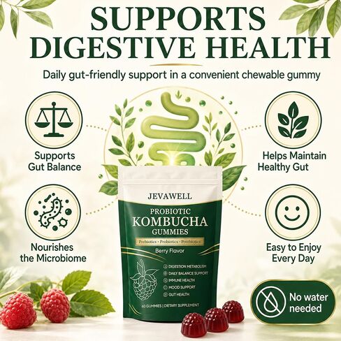 Jevawell Kombucha Gummies | Probiotic Kombucha Gummies Supplement for Women | with Postbiotics, Probiotics, Prebiotics | Support Gut Health | Bloating Comfort | Enhance Immunity | 60 Gummies in Kuwait